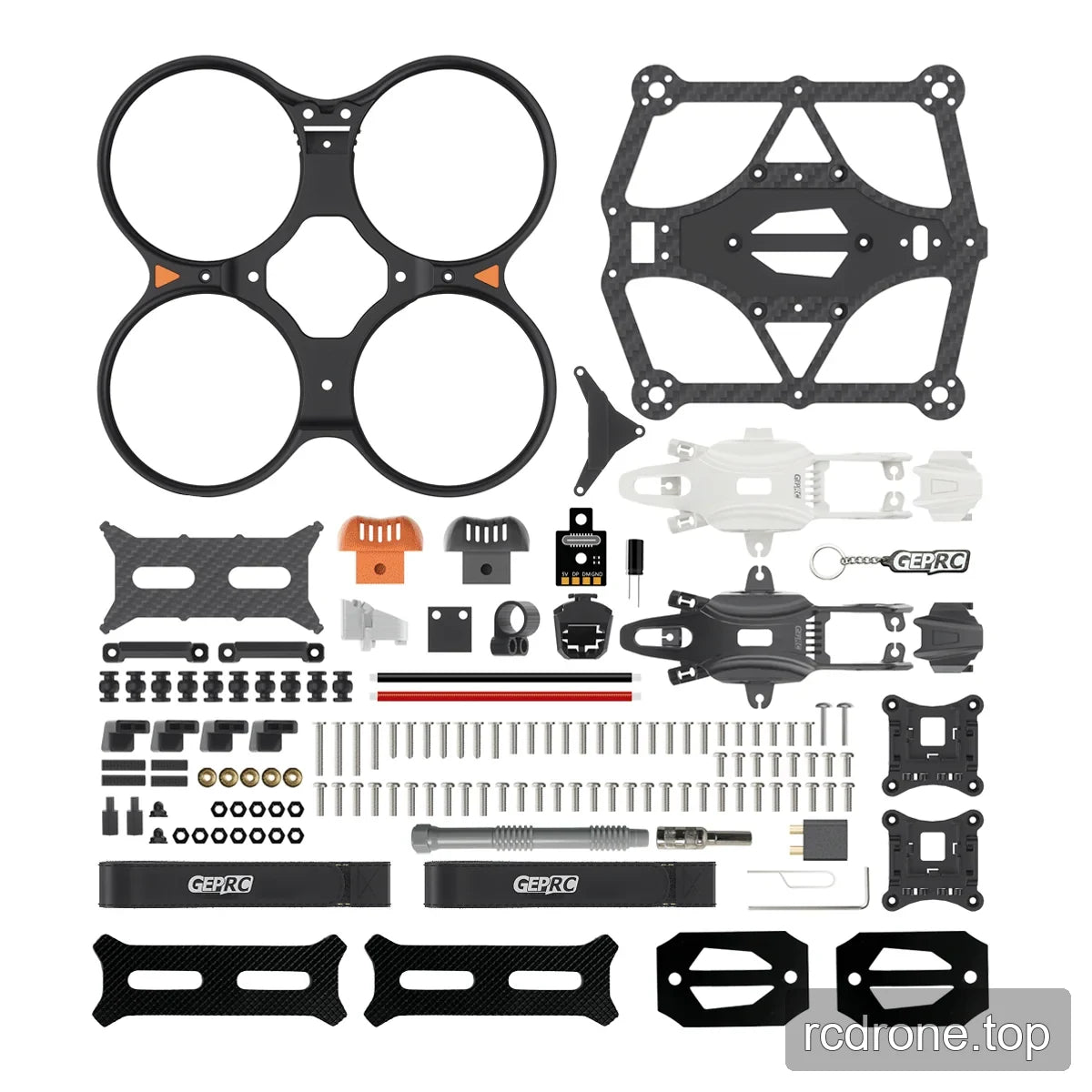 DarkStar25 frame and parts layout showing duct guard, carbon plates, canopies, hardware, straps, and accessories.