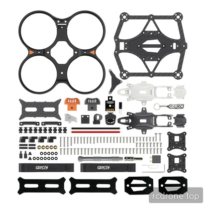DarkStar25 frame and parts layout showing duct guard, carbon plates, canopies, hardware, straps, and accessories.
