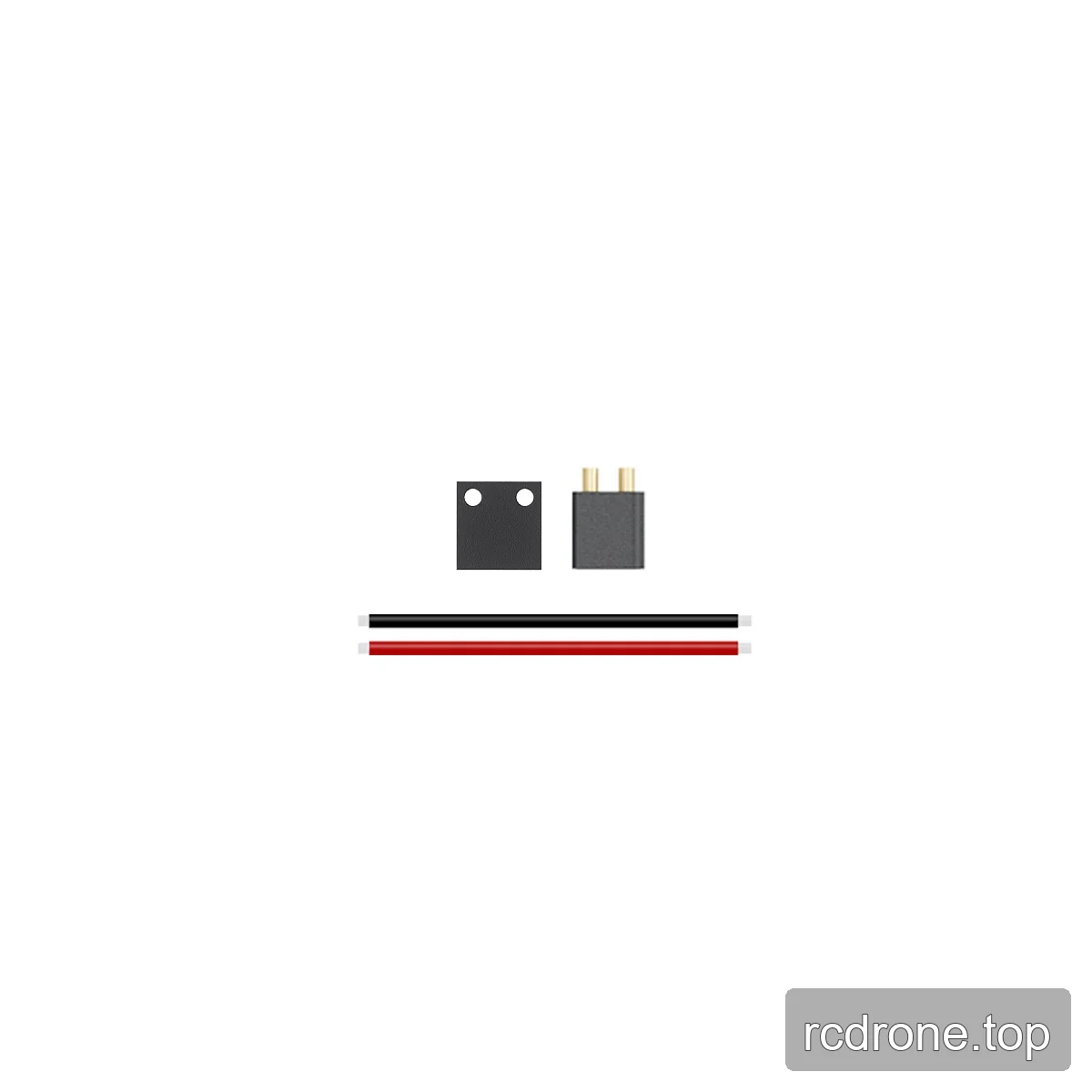 Power connector accessories including a black two-pin connector, a small mounting plate, and red and black wires.