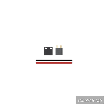Power connector accessories including a black two-pin connector, a small mounting plate, and red and black wires.