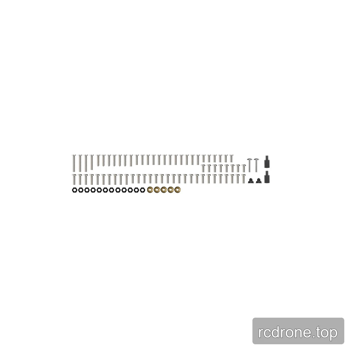 Frame screw pack arranged by type, with silver screws, black fasteners, nuts, brass inserts, and standoffs.