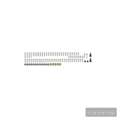 Frame screw pack arranged by type, with silver screws, black fasteners, nuts, brass inserts, and standoffs.