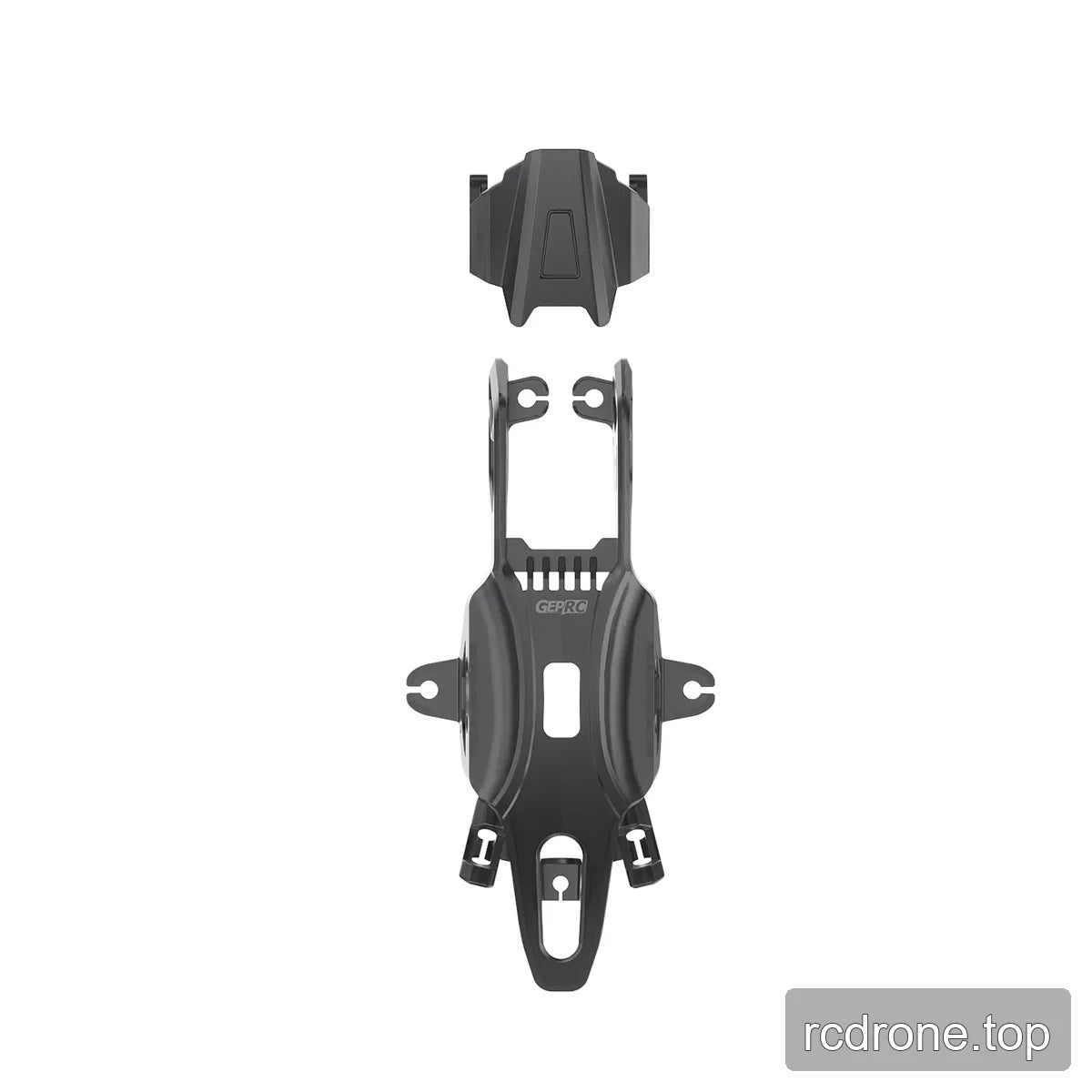 Black transparent canopy and camera protective cover components, including a long vented body piece and separate top cover.