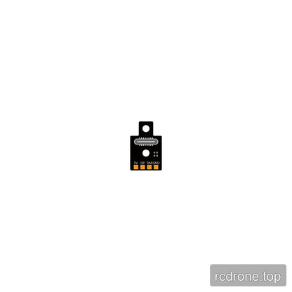 Compact USB adapter board with a USB-C port, two mounting holes, and labeled 5V, DP, DM, and GND pads.