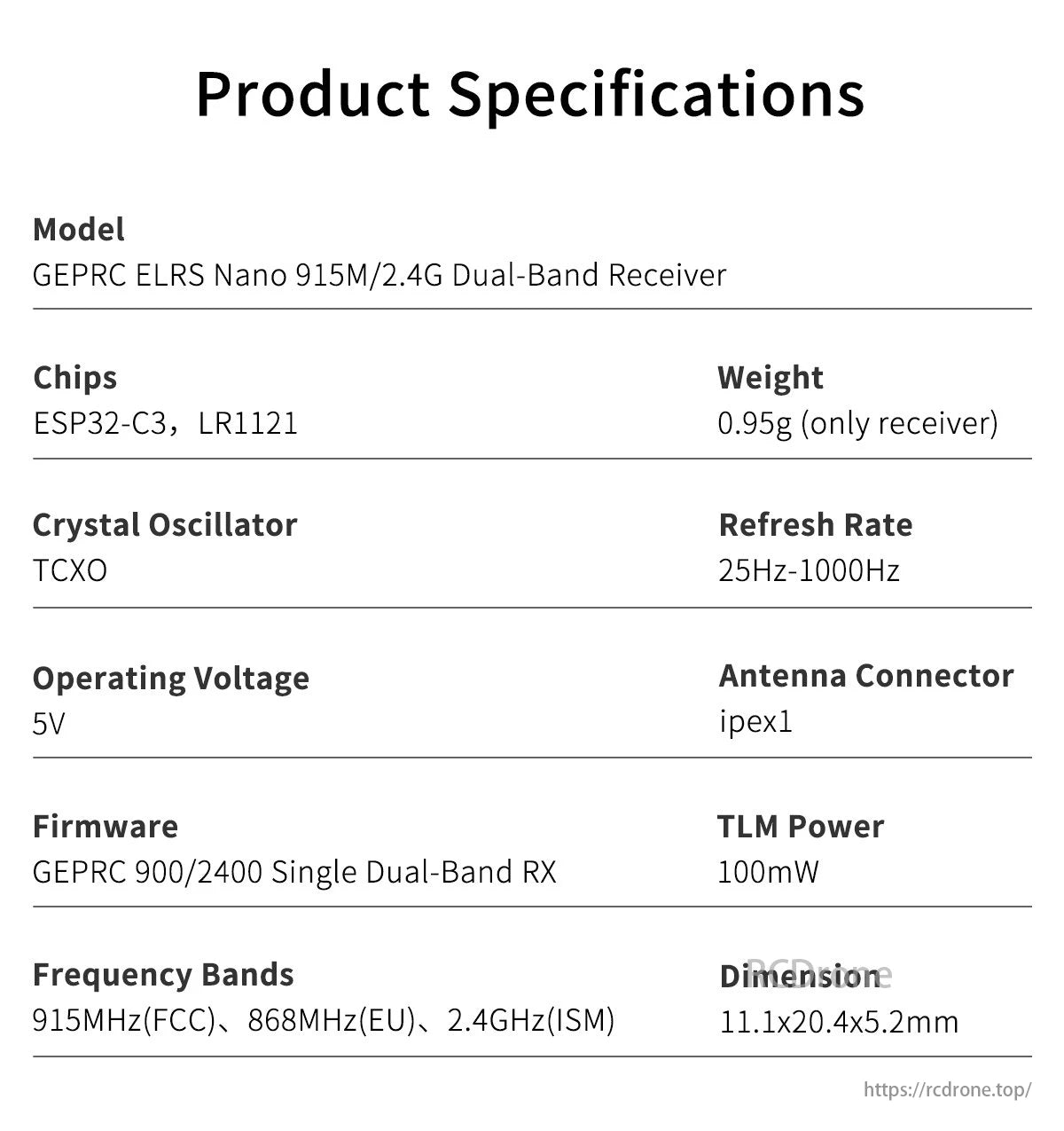 GEPRC ELRS Nano 915M/2.4G Dual-Band Receiver, The GEPRC ELRS Nano receiver features dual-band design, ESP32-C3 processor, and LRI chip, weighing 0.95g without antenna.