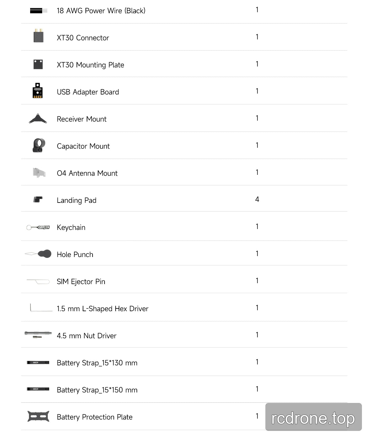 DarkStar25 frame kit contents and quantities, second section