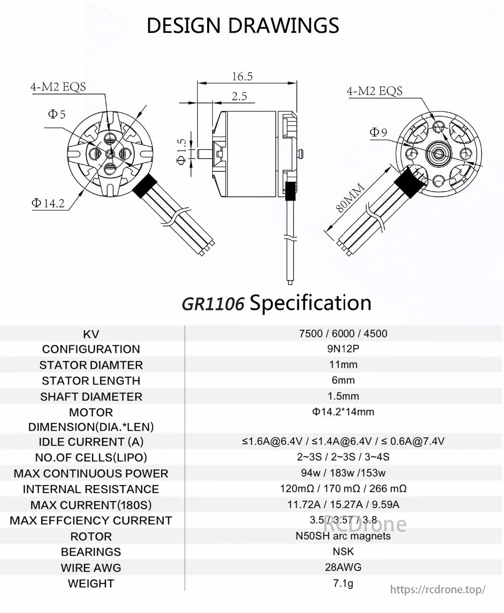GEPRC GR1106 Motor, GR1106 motor specs: KV 7500/6000/4500, 9N12P, 11mm stator, 6mm length, 1.5mm shaft. Max power 94W/183W/153W, current 11.72A/15.27A/9.59A, weight 7.1g.