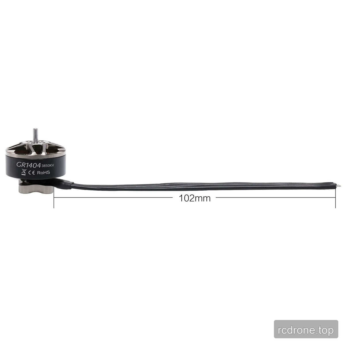 GEPRC GR1404 3850KV motor with three lead wires and a visible 102 mm wire-length measurement annotation.