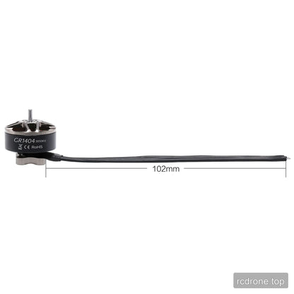 GEPRC GR1404 3850KV motor with three lead wires and a visible 102 mm wire-length measurement annotation.