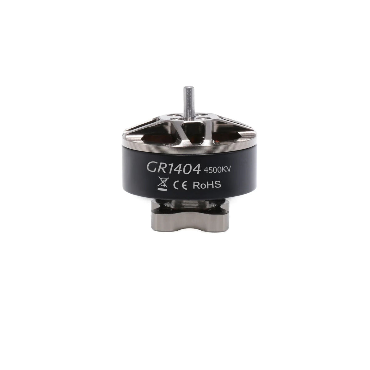 GEPRC GR1404 4500KV motor shown upright with silver vented top, shaft, black housing, and labeled body.
