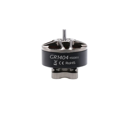 GEPRC GR1404 4500KV motor shown upright with silver vented top, shaft, black housing, and labeled body.