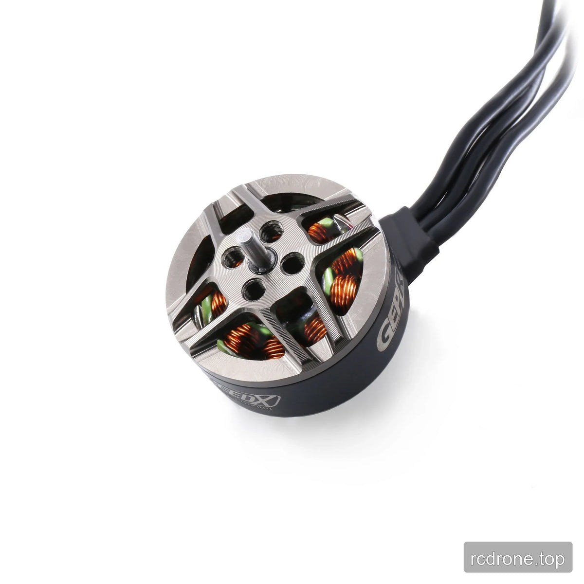 Top angled view of the GEPRC GR1404 motor with central shaft, mounting holes, exposed copper windings, and wires.