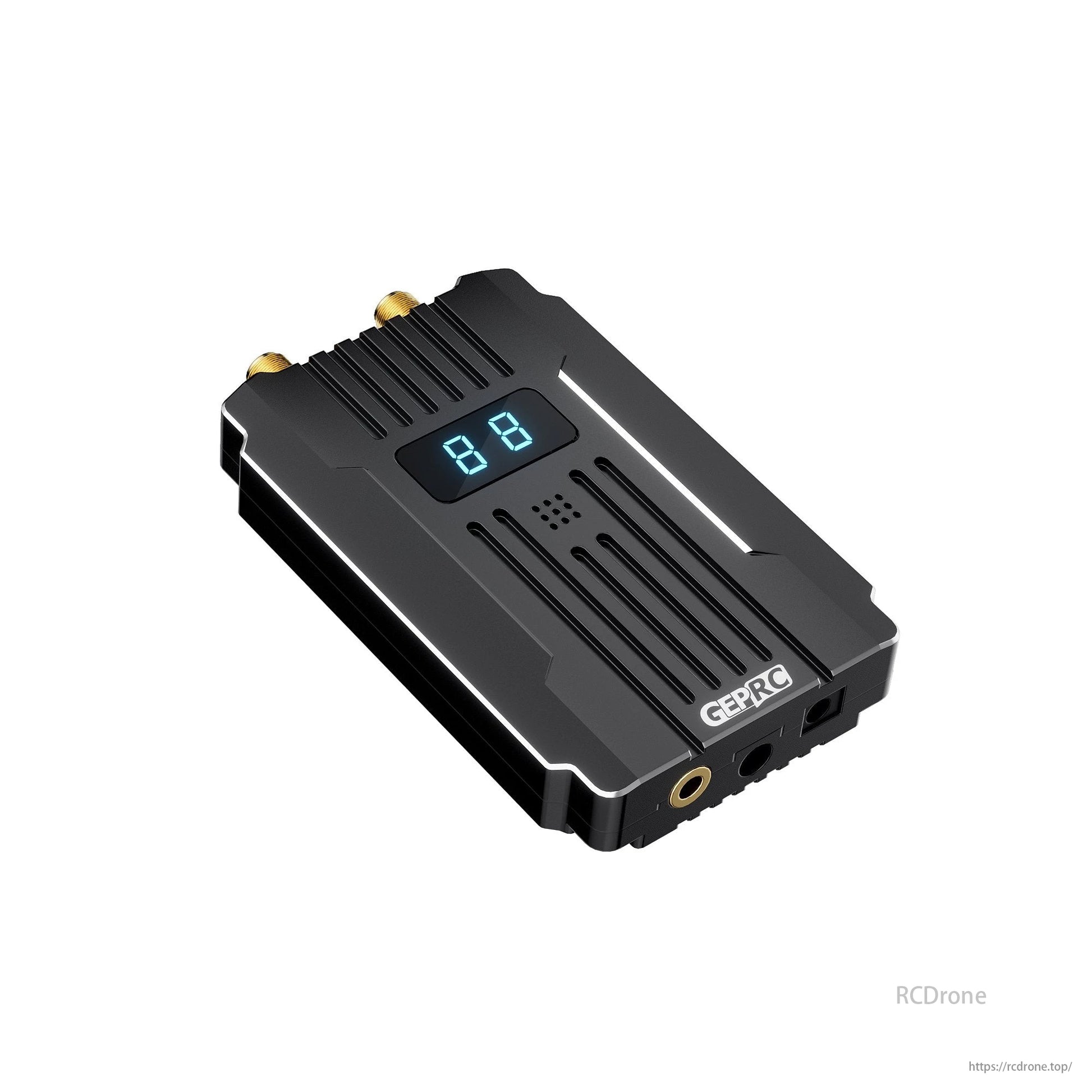 GEPRC MATEN 3.3G VRX is a 40CH 3.3GHz analog video receiver for FPV systems, featuring a signal alarmer and black design.