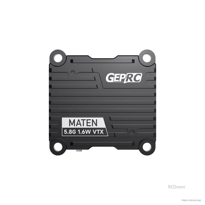 GEPRC MATEN 5.8G 1.6W VTX, GEPRC MATEN 5.8G VTX for FPV drones offers 72 channels, 1600mW power, IRC Tramp compatibility, a CNC case, and 7–36V input.
