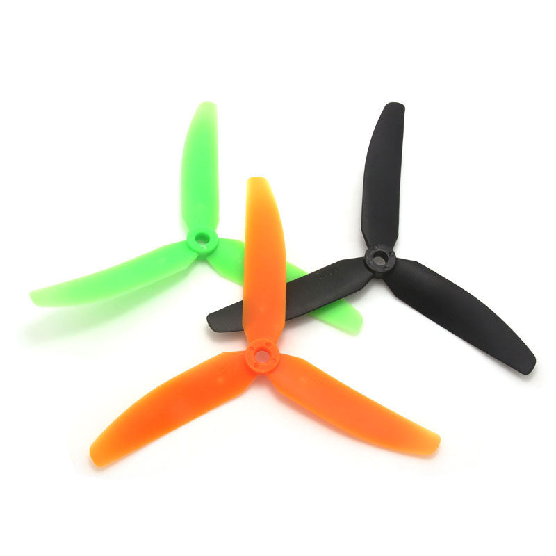 Gemfan 5030 5x3 3-blade propellers in green, orange, and black on white background