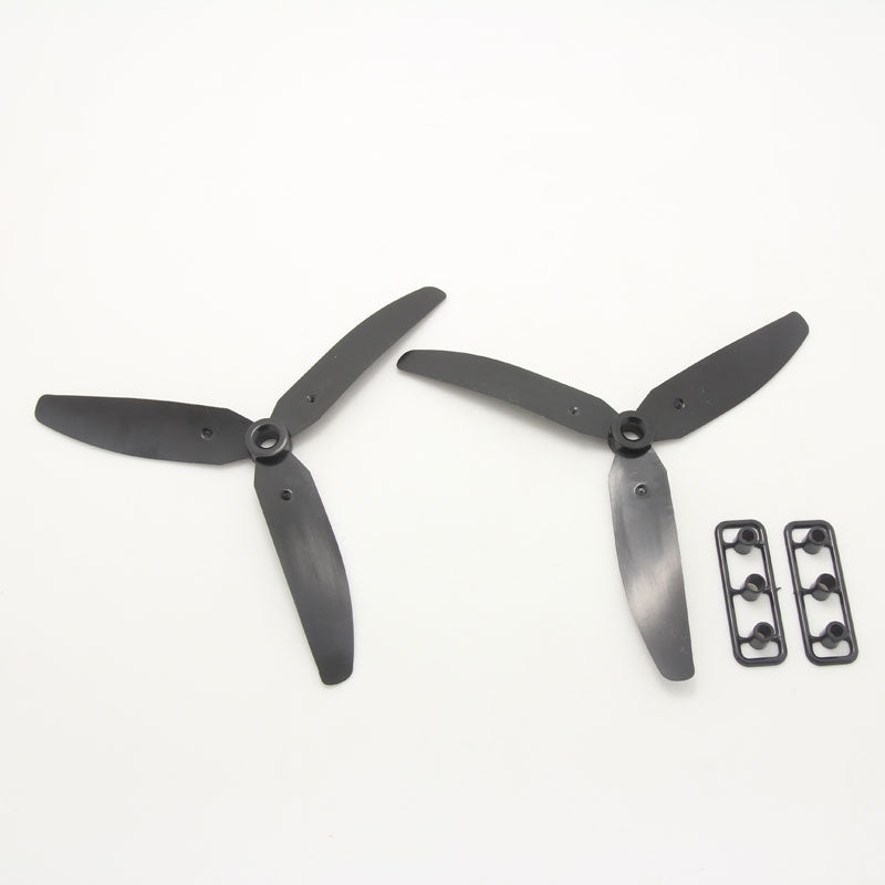 Two black 3-blade propellers showing opposite rotation directions, with mounting hardware strips