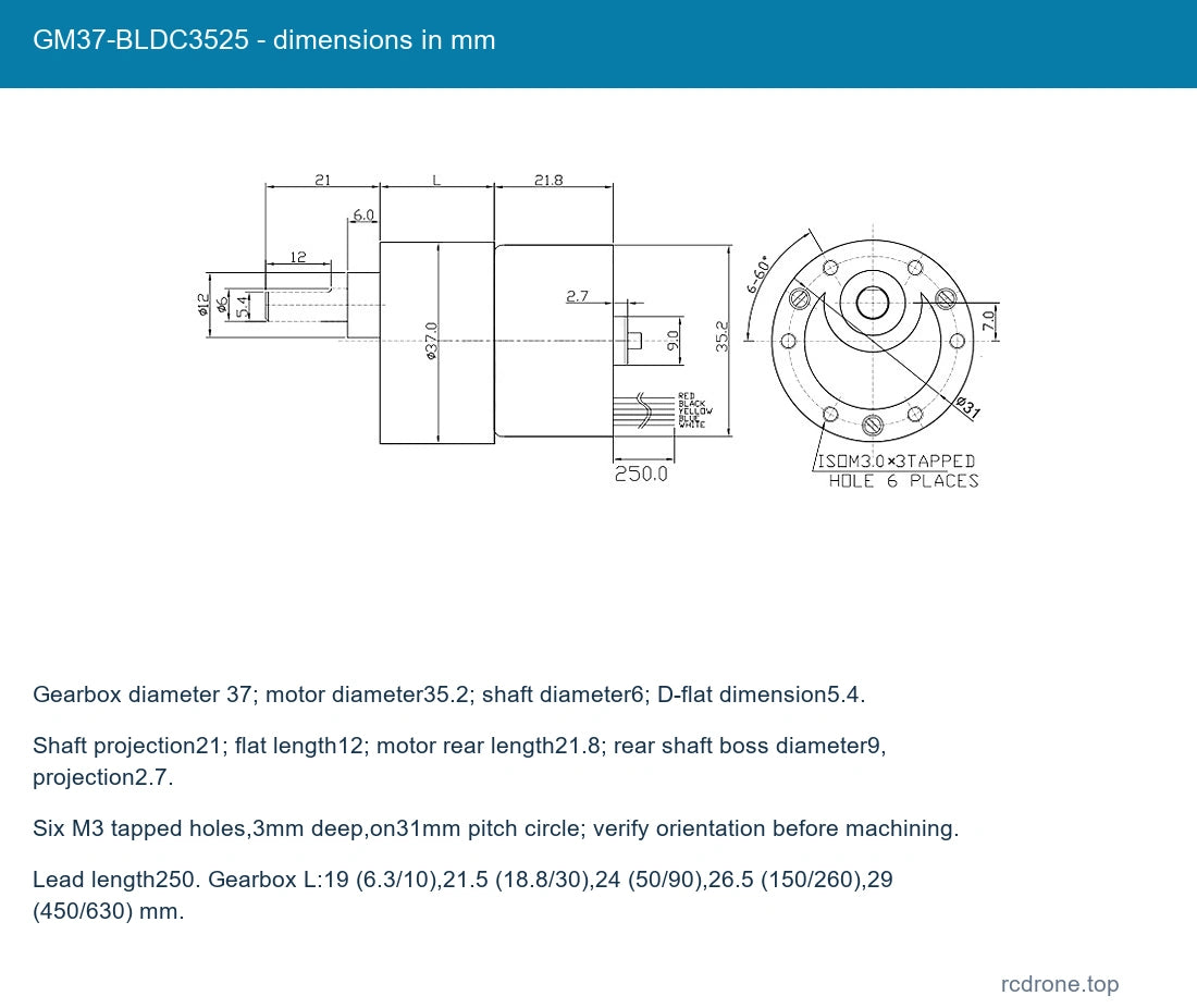 GM37-BLDC3525 - dimensions in mm