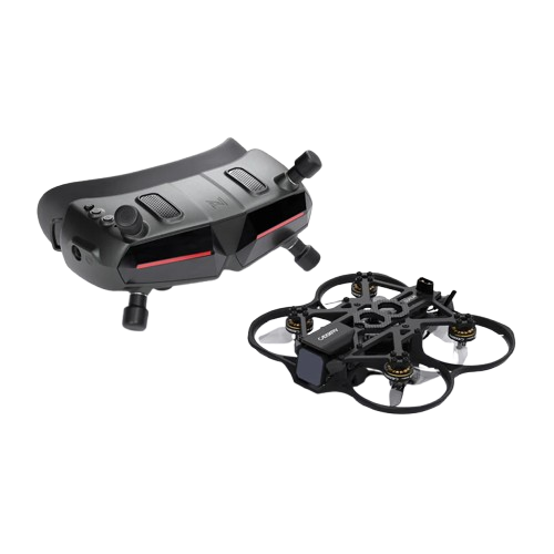 Walksnail Avatar HD Goggle shown with compact FPV drone, angled top view on black background