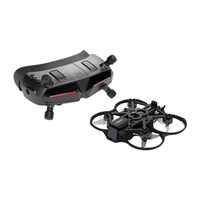 Walksnail Avatar HD Goggle shown with compact FPV drone, angled top view on black background