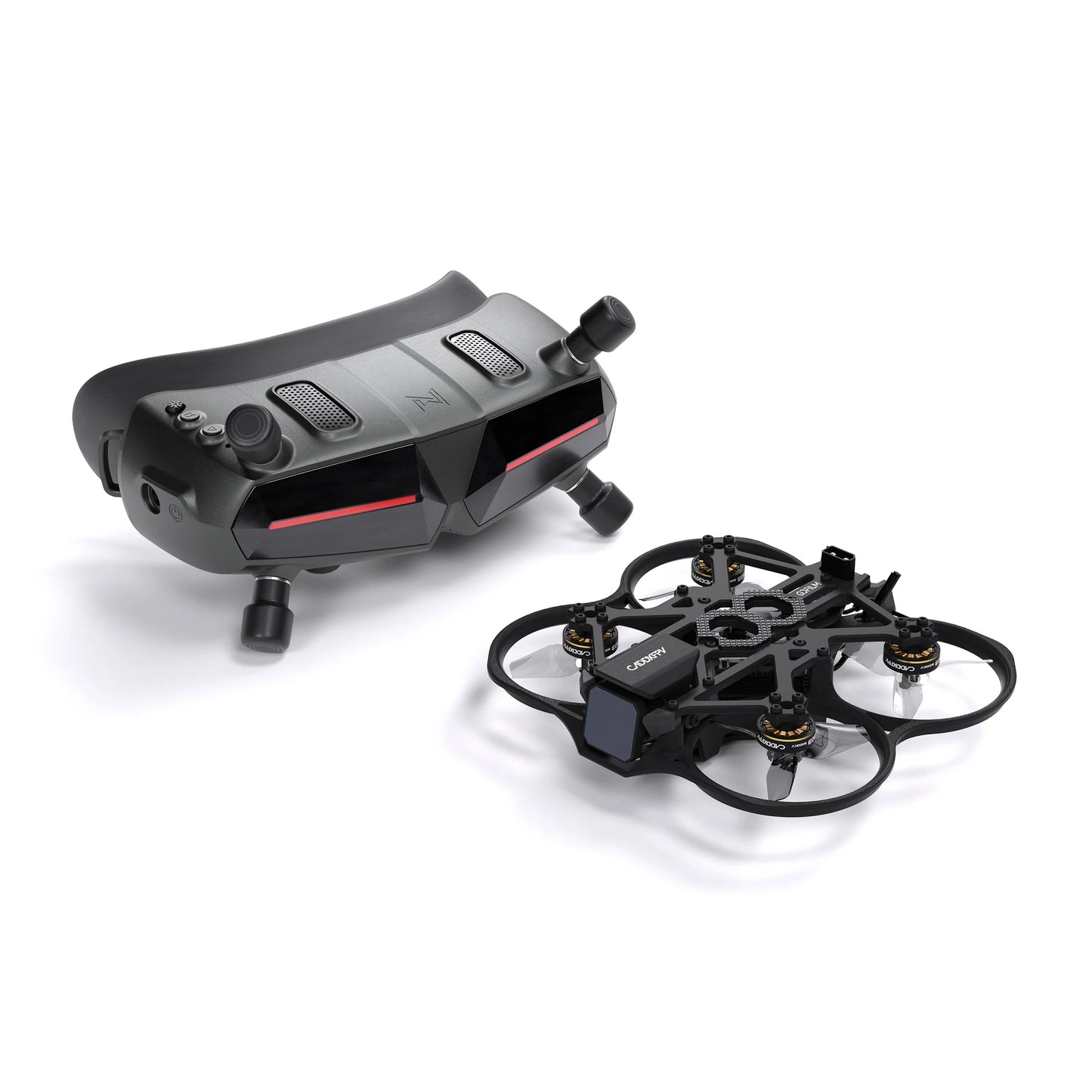 Walksnail Avatar HD Goggle and small cinewhoop-style FPV drone on white background, three-quarter view