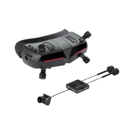Walksnail Avatar HD Goggle kit with FPV goggles, camera, and video transmitter module on black