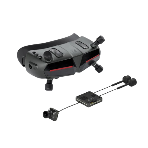 Walksnail Avatar HD Goggle kit with FPV goggles, camera, and video transmitter module on black