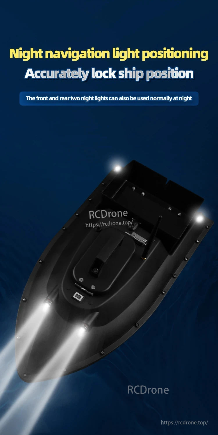 GPS Bait Ship, Night navigation lights ensure precise ship positioning. Front and rear lights function effectively in darkness for accurate visibility.