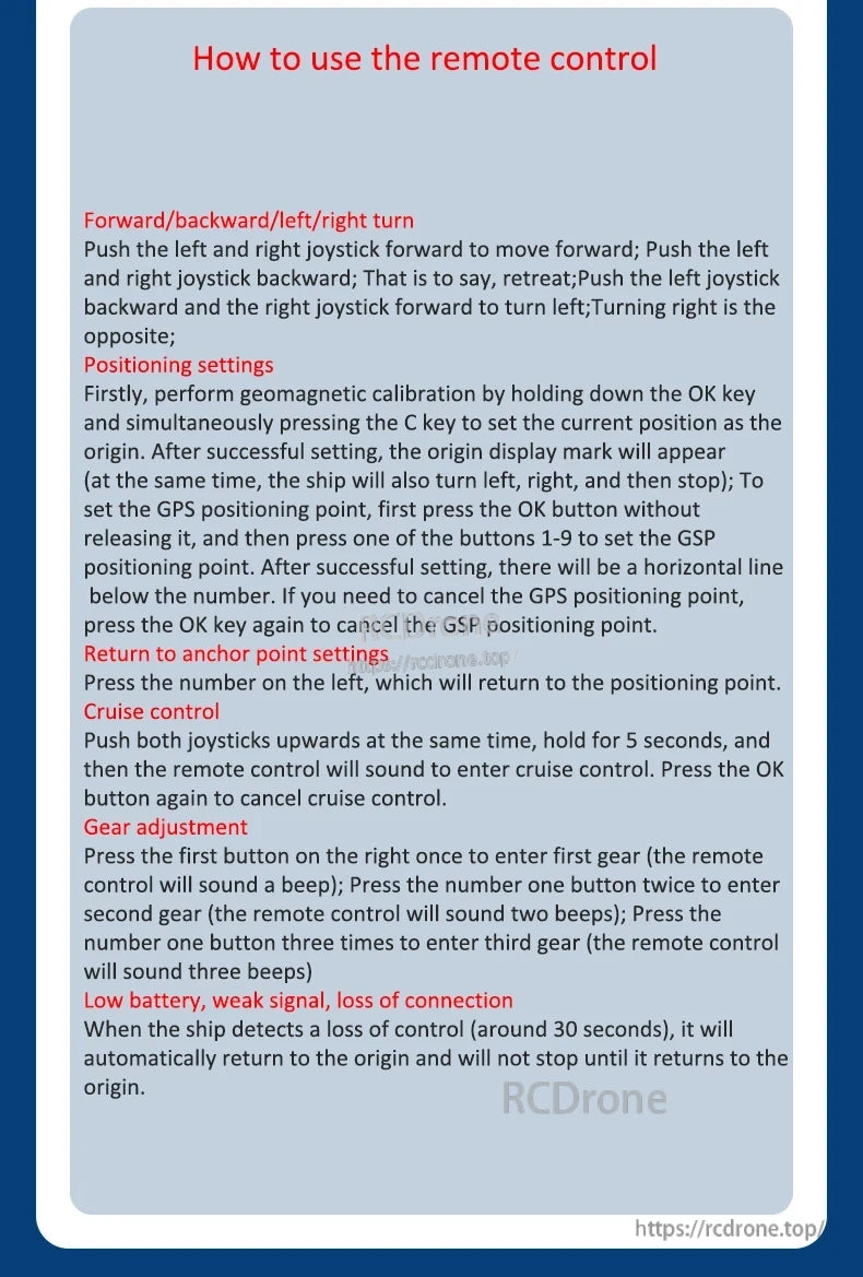Control GPS bait ship remotely: manage movement, positioning, anchoring, cruising, gear adjustments, and enable safety modes for low battery or signal loss. (24 words)