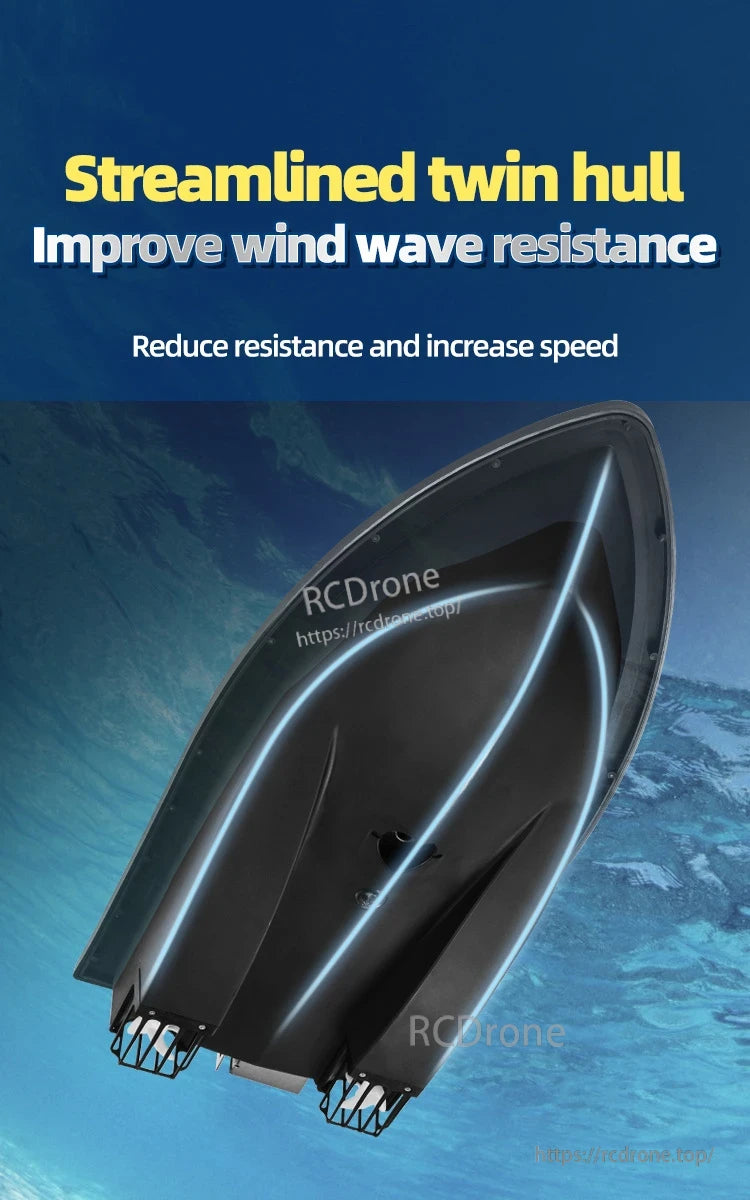 GPS Bait Ship, Streamlined twin hull enhances wave resistance, reduces drag, boosts speed.