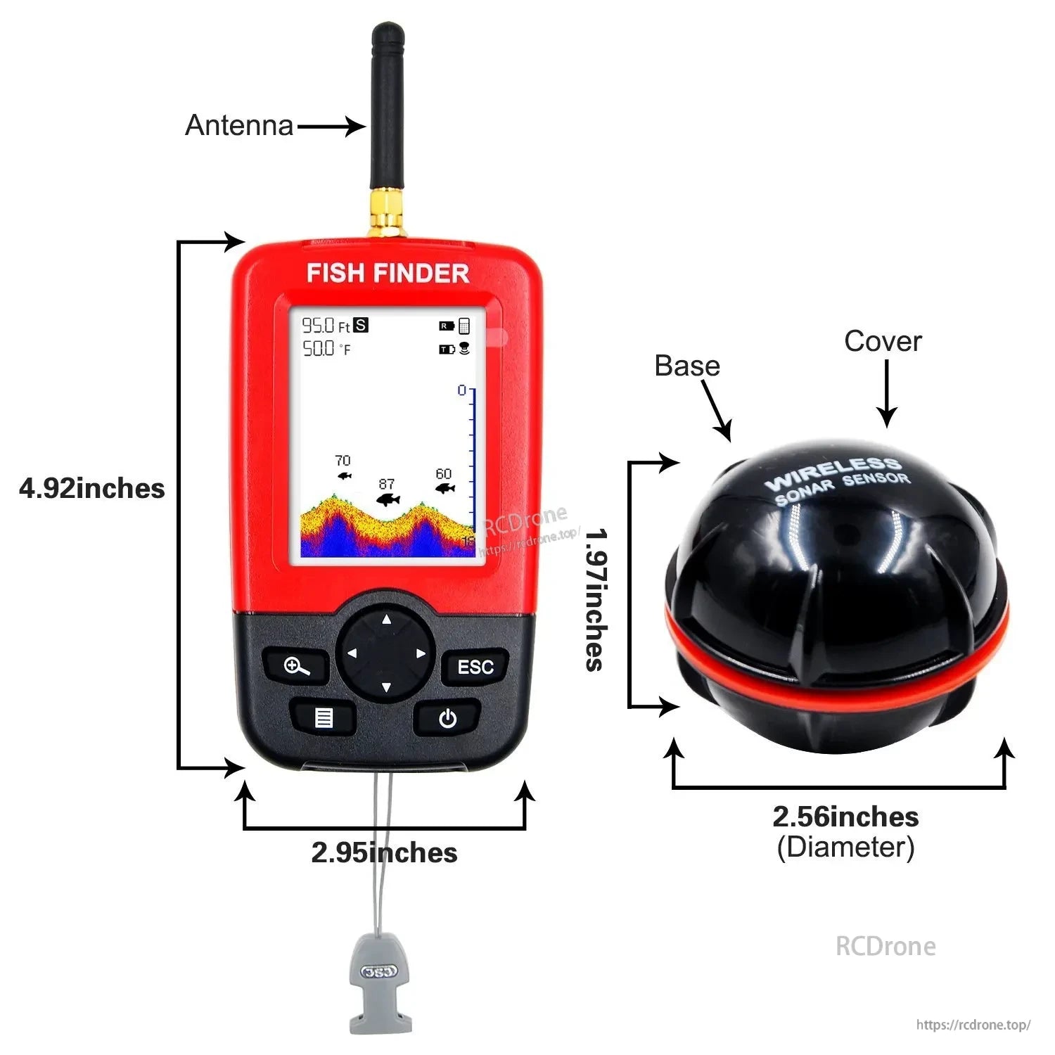 GPS Bait Ship, Wireless fish finder with 2.56" sensor, 4.92x2.95" display, antenna, and buttons for easy underwater detection.