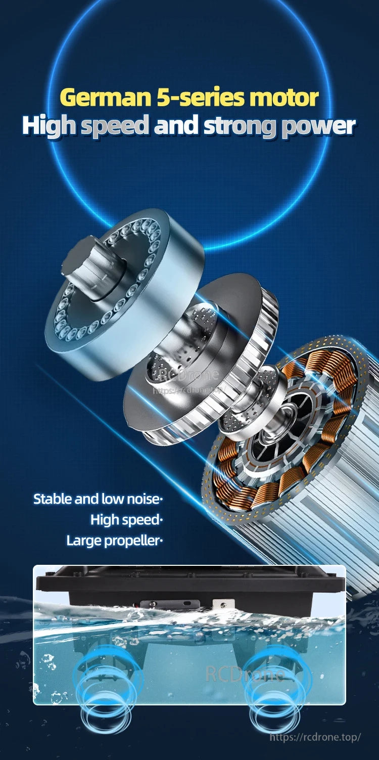 GPS Bait Ship, High-speed German 5-series motor offers strong power, low noise, stable performance, and large propeller for efficient underwater operation.