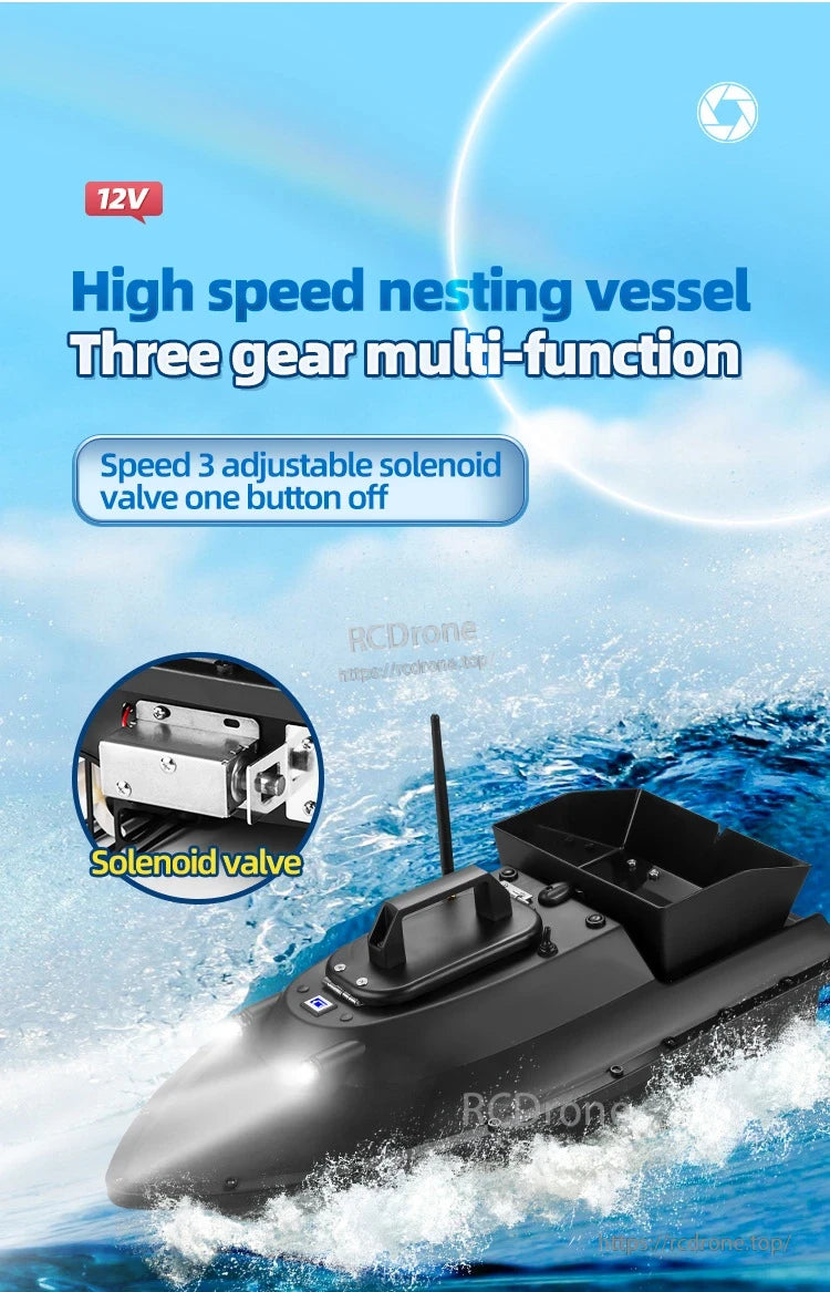 GPS Bait Ship, 12V high-speed bait boat with 3-speed control, solenoid valve, and multi-function features for efficient fishing bait delivery.