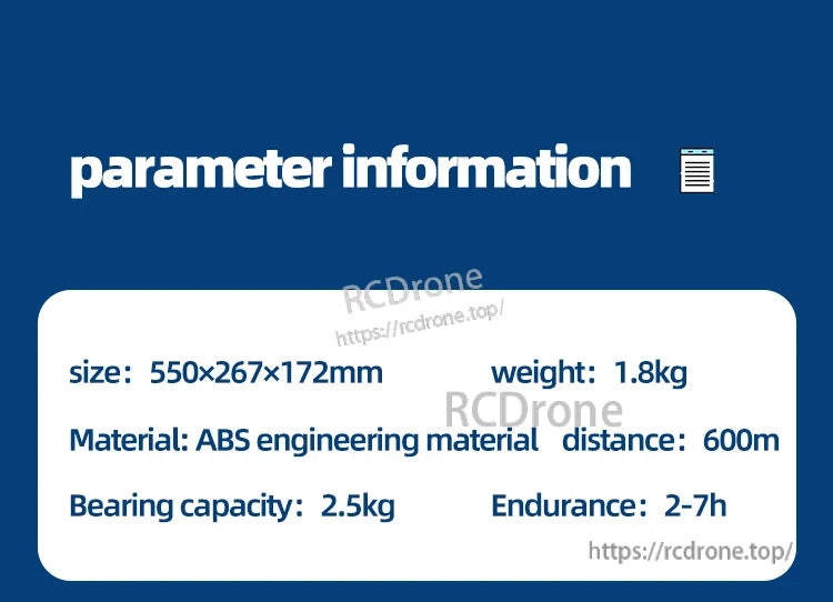 GPS Bait Ship: 550x267x172mm, 1.8kg, ABS material, 600m range, 2.5kg load, 2-7h endurance.