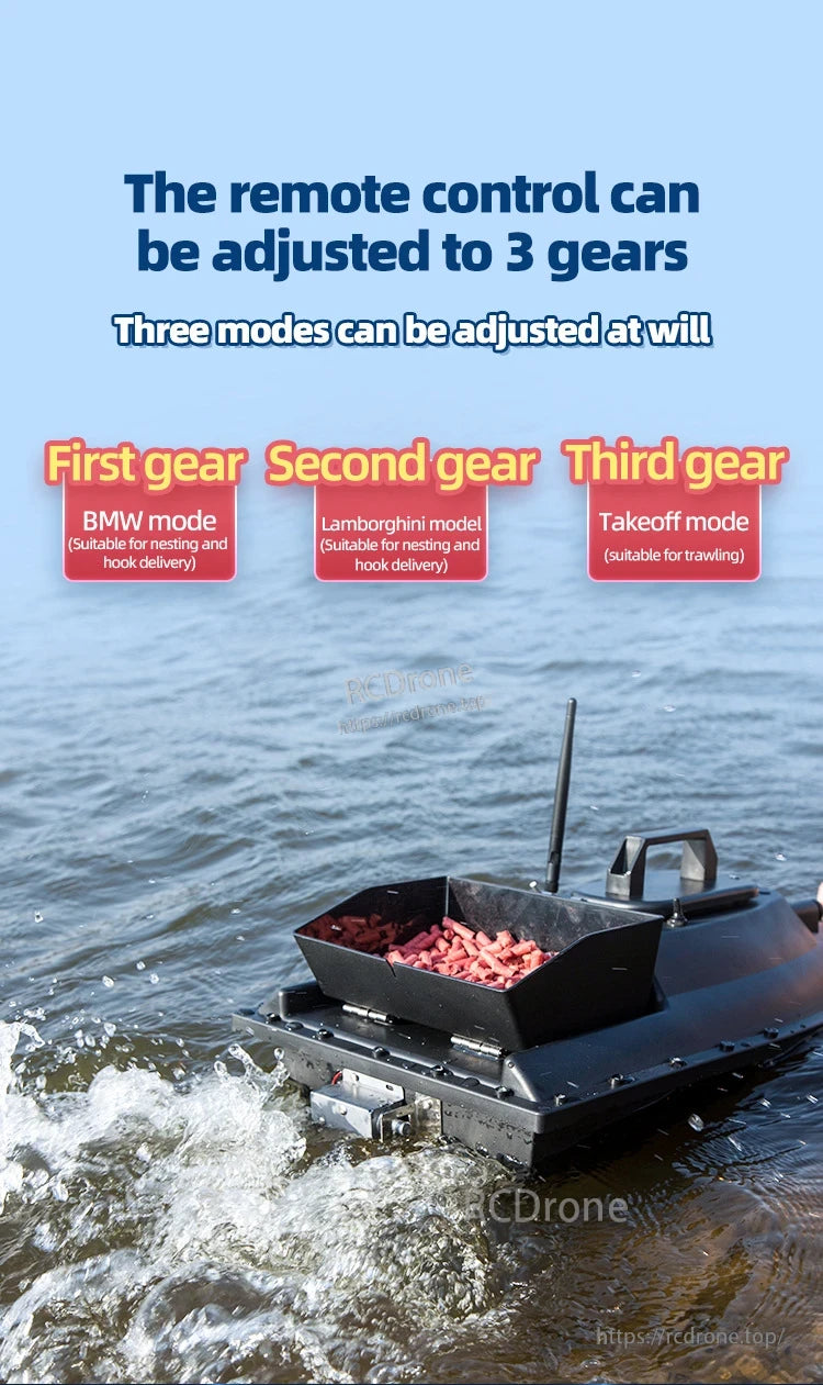 GPS Bait Ship, 3-speed remote bait boat with BMW, Lamborghini, and Takeoff modes for precise delivery. Compact, adjustable, ideal for anglers needing performance and control. (24 words)