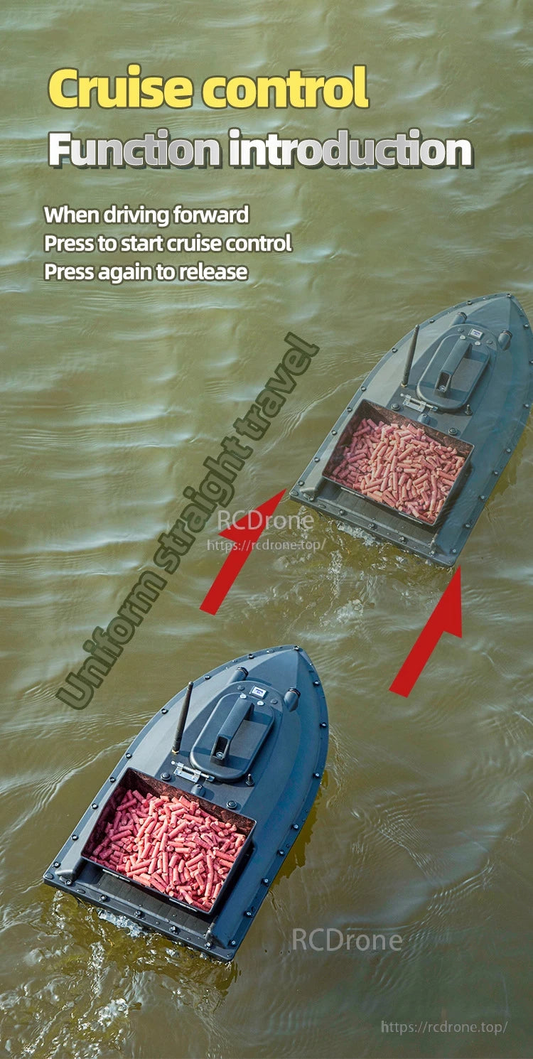 GPS Bait Ship, Cruise control: press to activate or deactivate for steady, straight travel of bait boat on water.