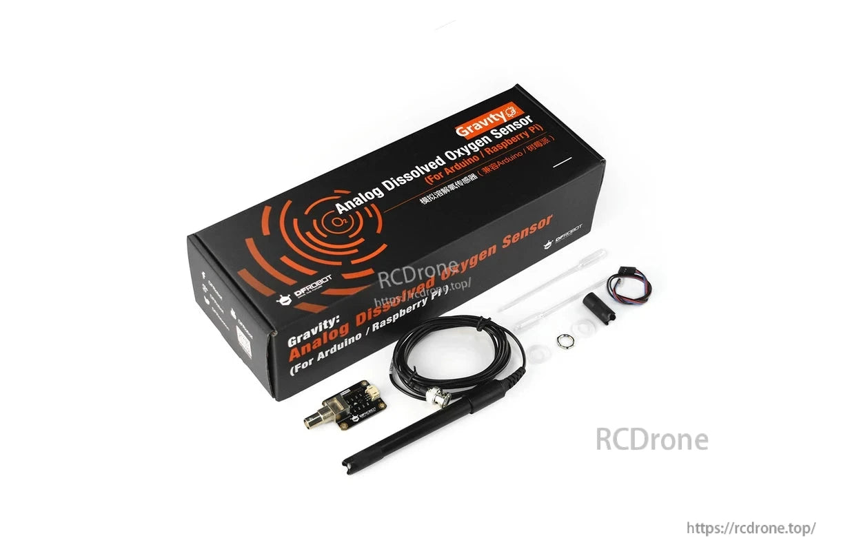 Gravity analog dissolved oxygen sensor for Arduino/Raspberry Pi, 0–20 mg/L, 3.3–5.5 V, BNC galvanic probe with cable and accessories.