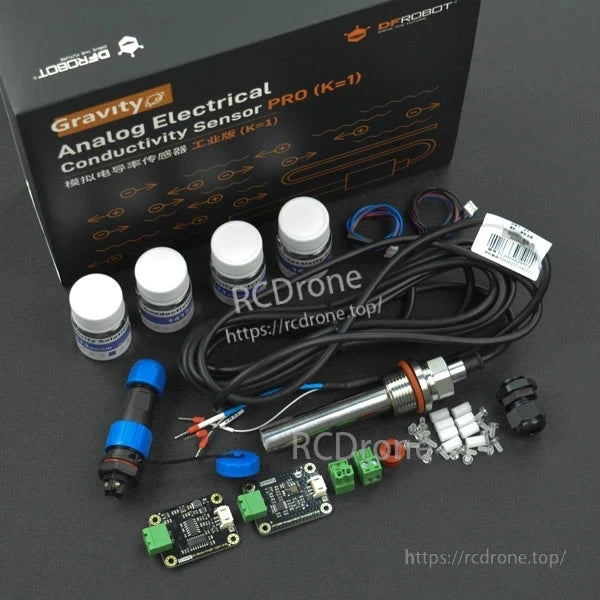 DFRobot's Gravity Analog Conductivity Sensor PRO K=1 measures 100–2000 µS/cm, features IP68 rating, PT1000 temperature sensor, operates on 3.3–5V, and is compatible with Arduino and Raspberry Pi.