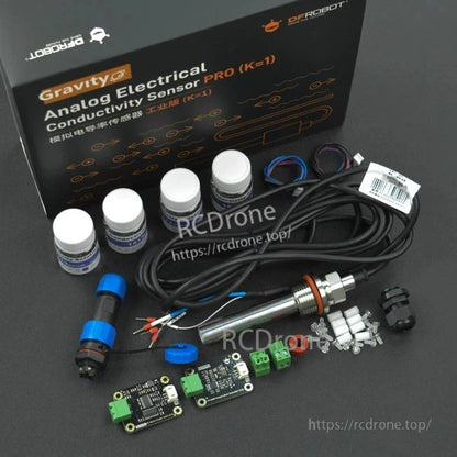 DFRobot's Gravity Analog Conductivity Sensor PRO K=1 measures 100–2000 µS/cm, features IP68 rating, PT1000 temperature sensor, operates on 3.3–5V, and is compatible with Arduino and Raspberry Pi.