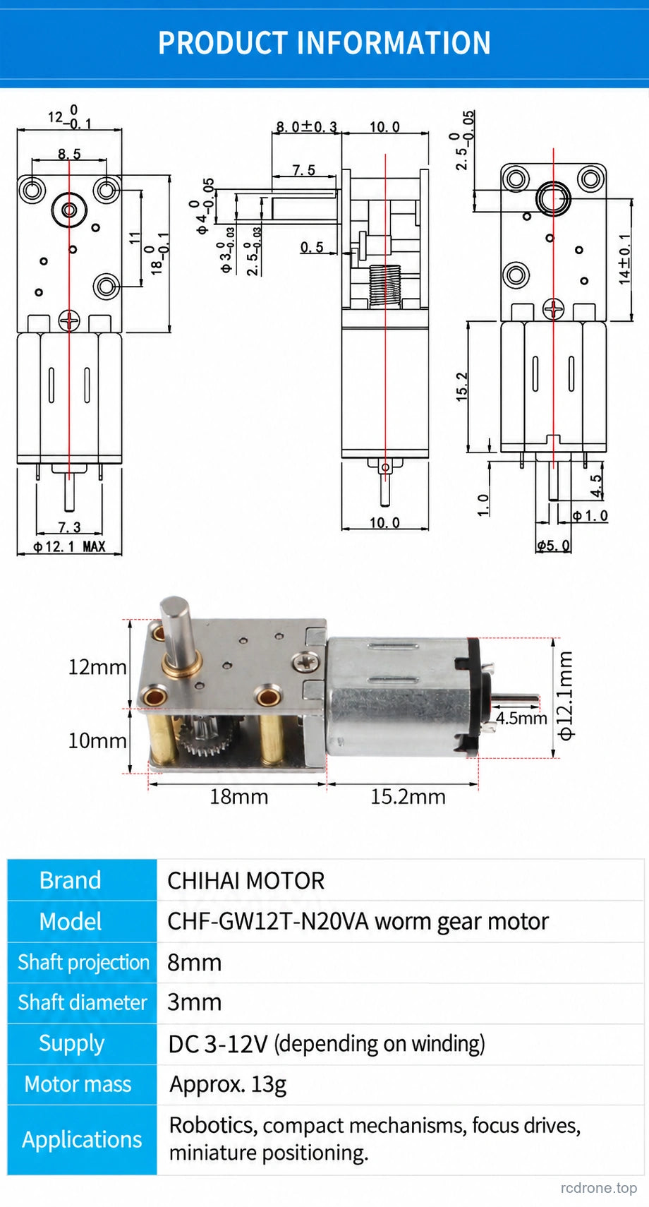 Motor dimensions and model information