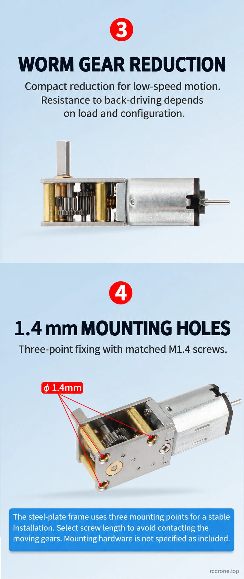 Worm reduction and mounting holes