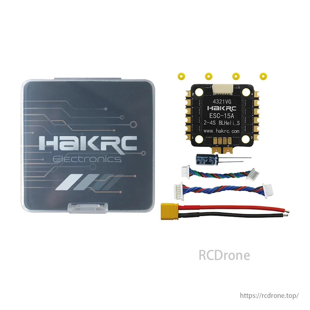 HAKRC BLS 15A 4-in-1 ESC with cables and packaging displayed.