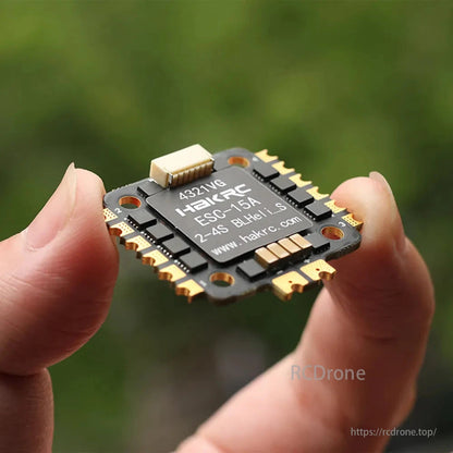 HAKRC BLS 15A 4-in-1 ESC for FPV drones, compatible with 2-4S LiPo, featuring DShot600 and BLHeli_S firmware.