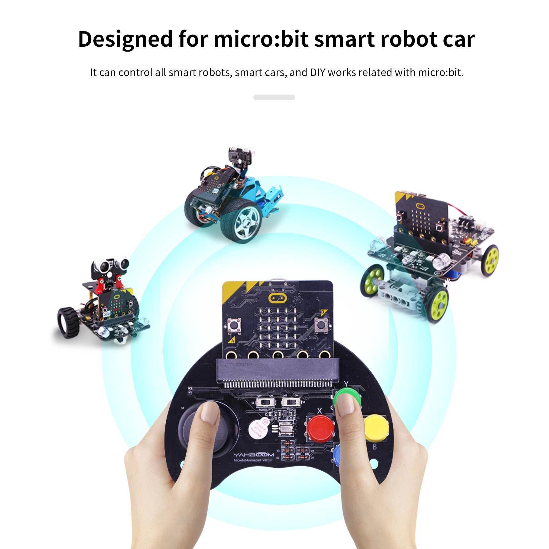 Micro:bit gamepad remote control use case controlling micro:bit smart robot cars, hands holding controller