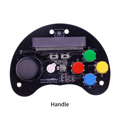Front view of gamepad handle with joystick, A/B/X/Y buttons, and Micro:bit edge connector slot