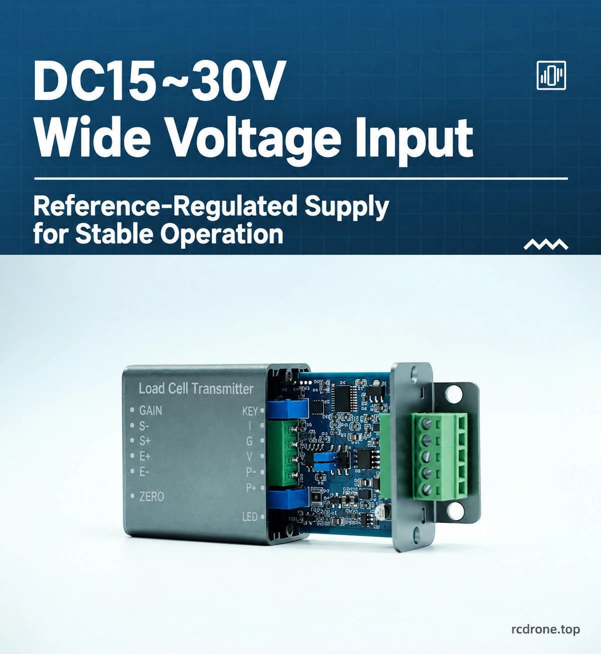 15–30VDC power input and reference-regulated supply