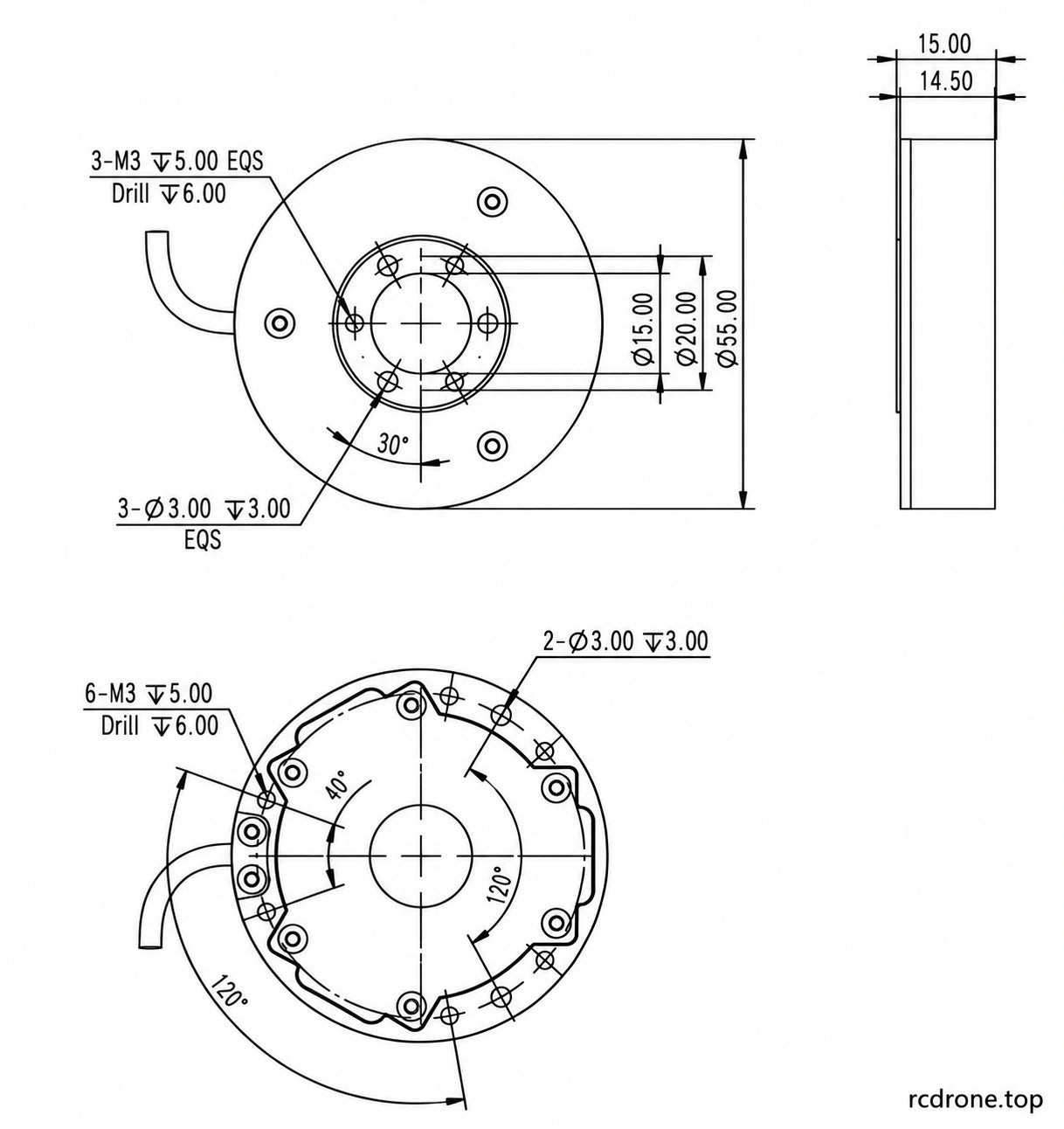 HKVL-55 front, rear and side mounting drawing; dimensions in mm