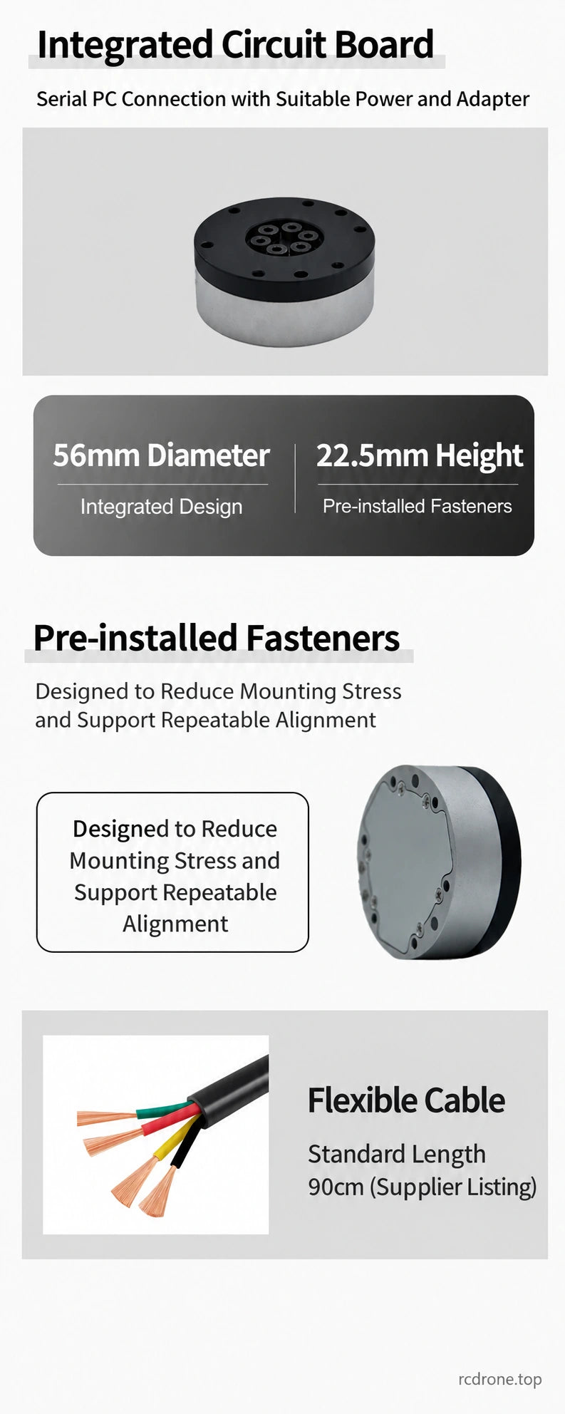 56mm diameter,22.5mm height, mounting fasteners and supplier-listed90cm flexible cable.