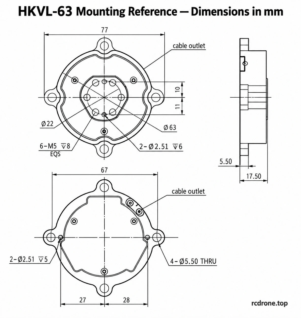 HKVL-63 mechanical mounting reference, dimensions in millimeters