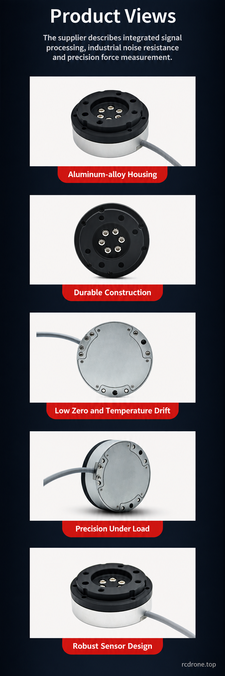 Front, rear and angled views of the HKVL-75 sensor housing and attached cable.