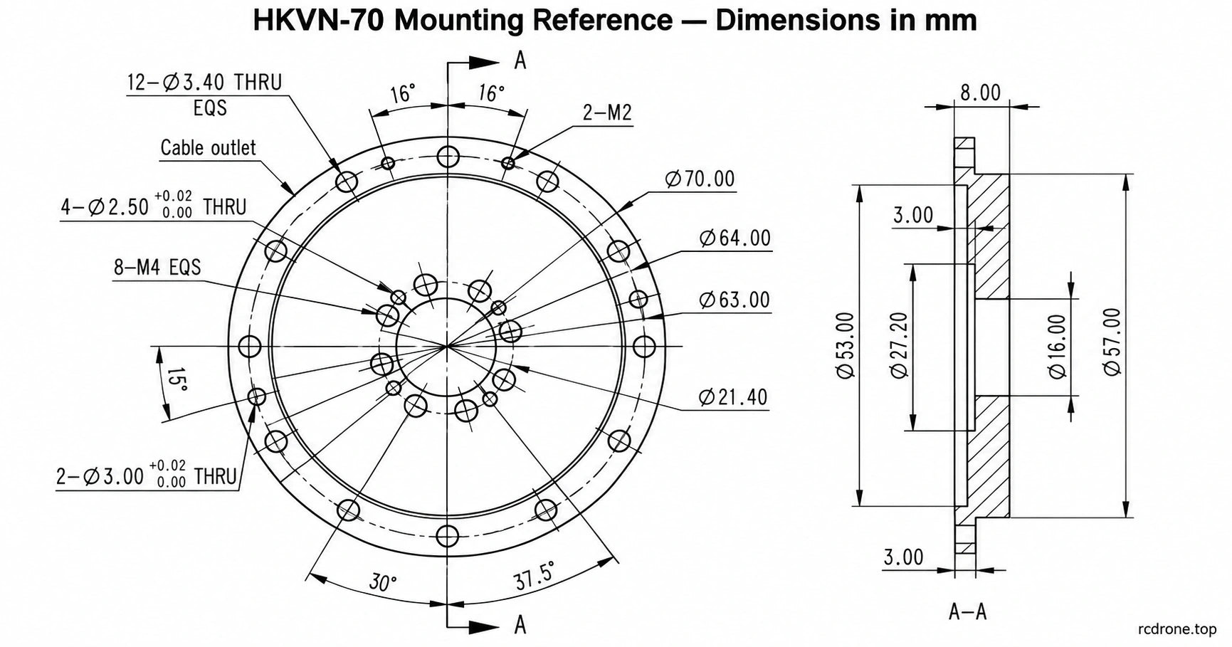 HKVN-70 mechanical mounting reference, dimensions in millimeters